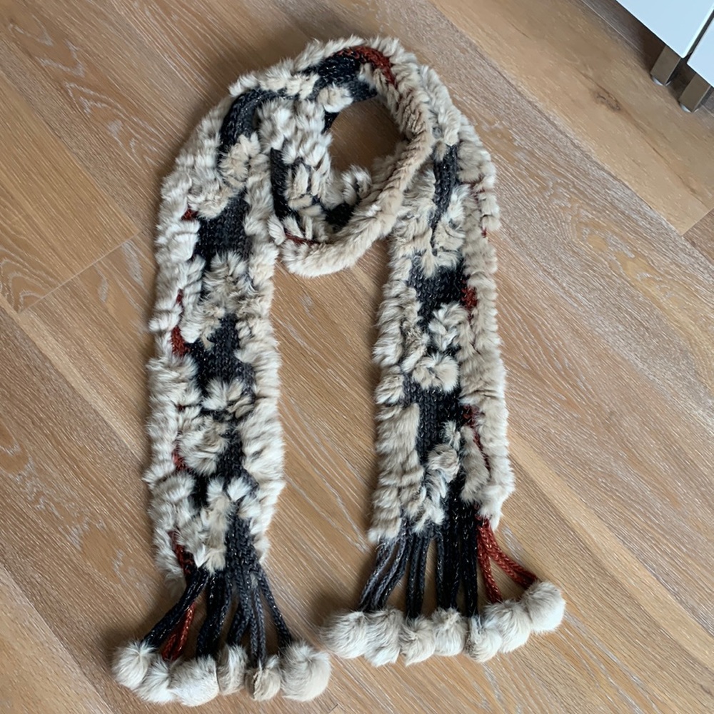 Rabbit fur and knit scarf with fringe Pom poms